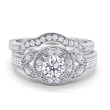Two Piece Wedding Art Deco Round Simulated Cubic Zirconia 925 Sterling Silver